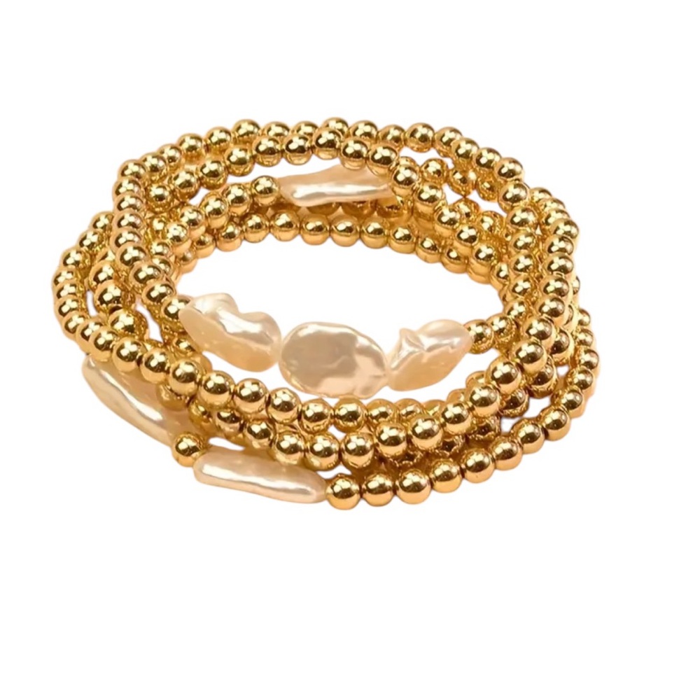 Elegant Gold Beaded Faux Pearl Bracelet Set ~ 5 Pieces